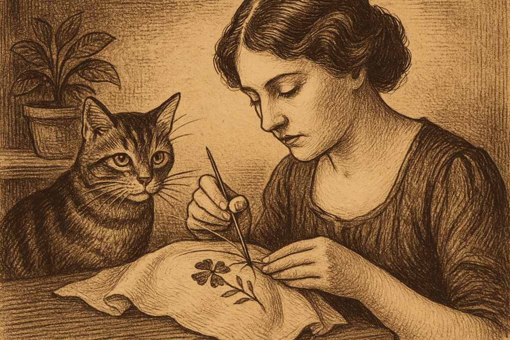 sepia newspaper page about stitching with cat whiskers for good luck