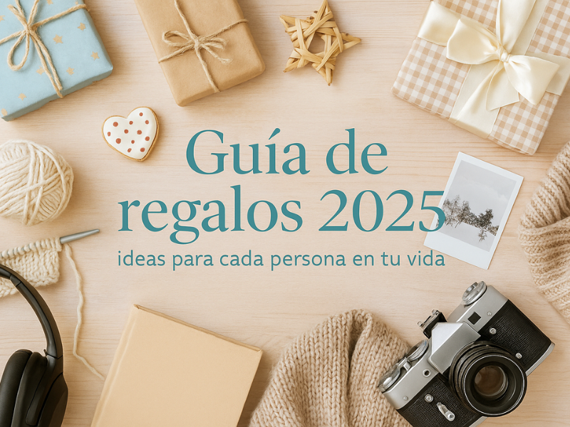 Diseño sin título (3) cartel guía de regalos 2025 con varios regalos sobre la mesa