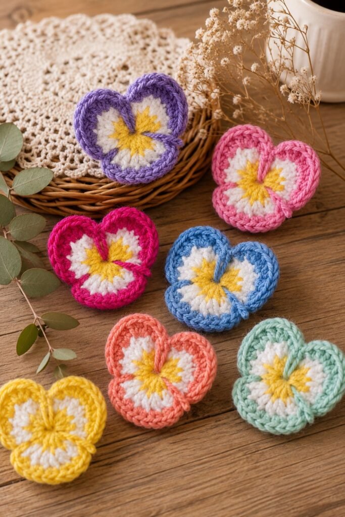 finished crochet pansy blocked flat to show its layered petals