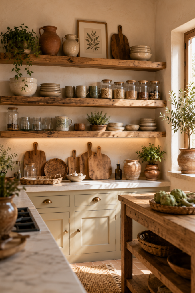 conseguir una cocina mediterránea acogedora (20) Cocina con estanterías abiertas de madera