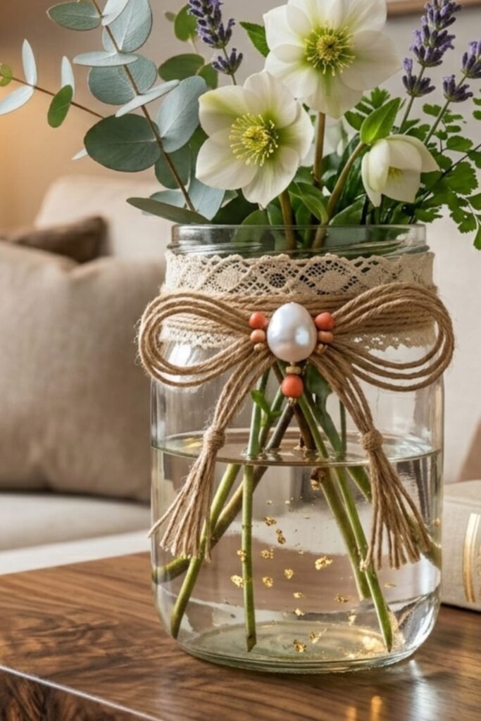 glass jars decorated with washi tape and twine used as desk organizers