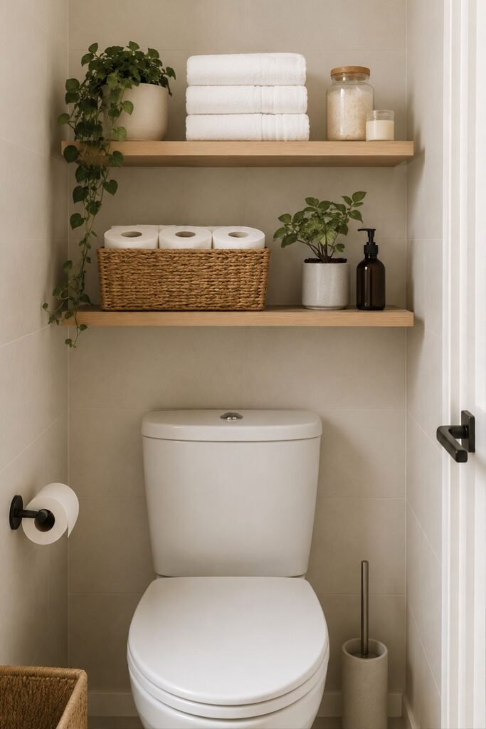 floating shelves above a toilet holding rolled towels and baskets