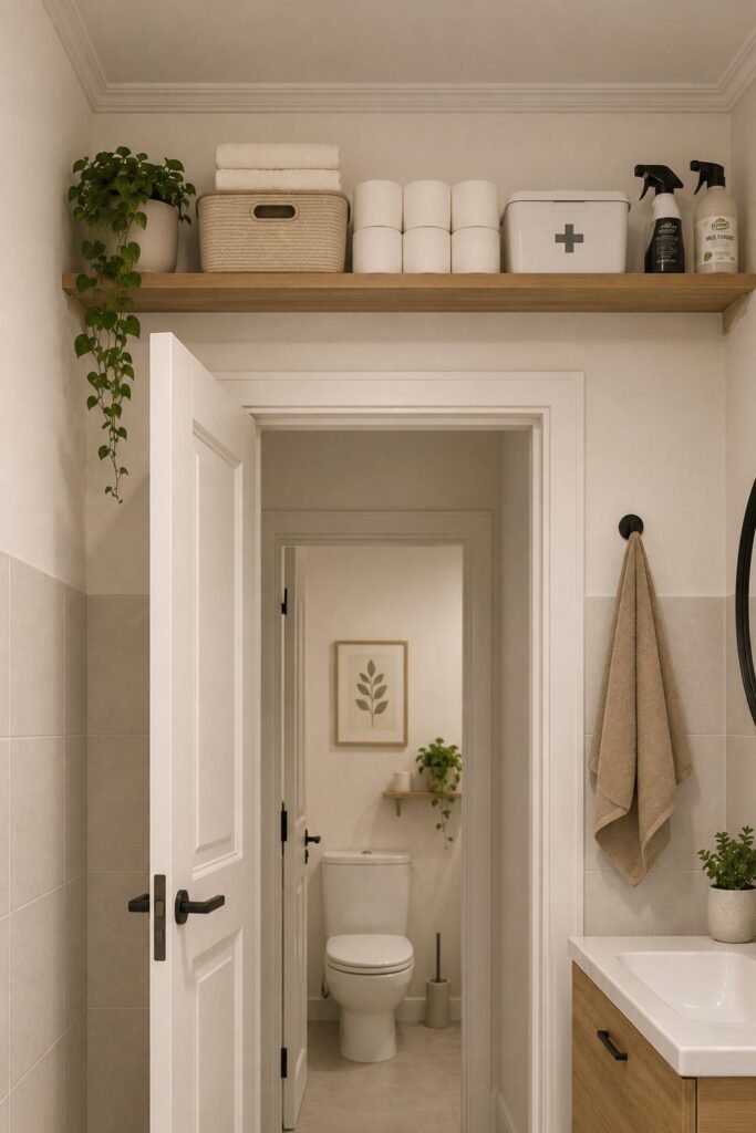 high shelf above a bathroom door used for backup supplies