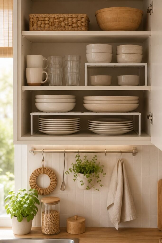 Kitchen cabinet with shelf risers doubling the storage for plates and glasses