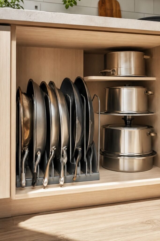 Vertical pan organizer holding skillets upright inside a base cabinet