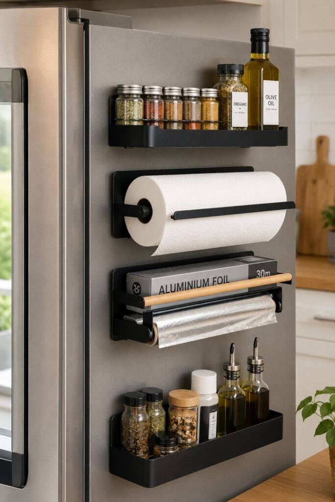 Fridge door organizers keeping sauces and drinks neatly in place