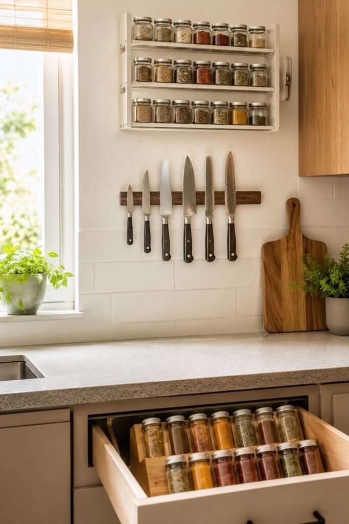 Magnetic knife strip and glass storage jars on a small kitchen wall